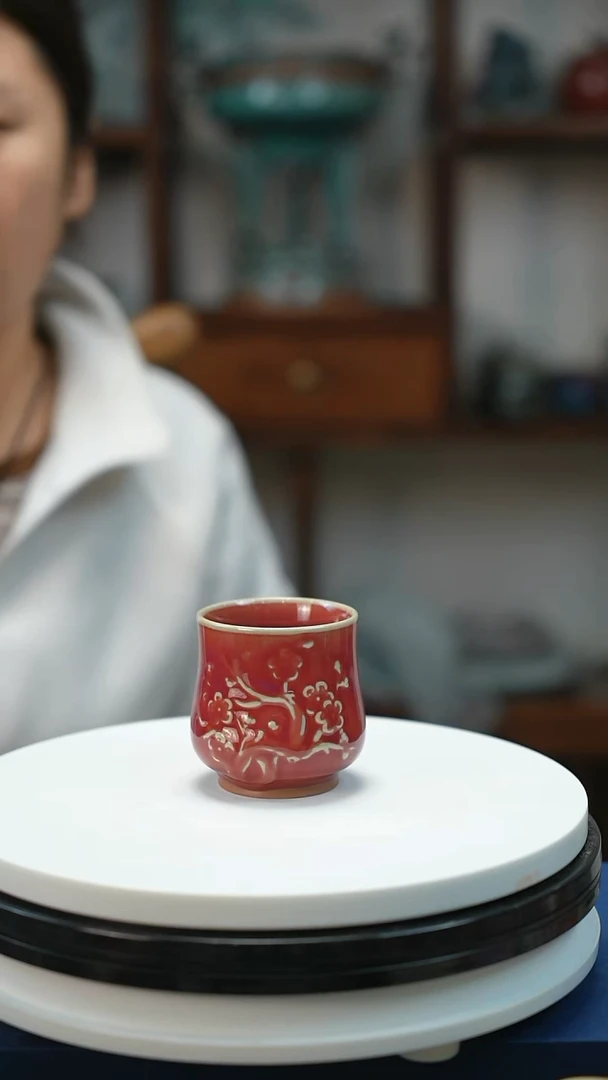 装饰品钧瓷钧红釉梅花主人杯