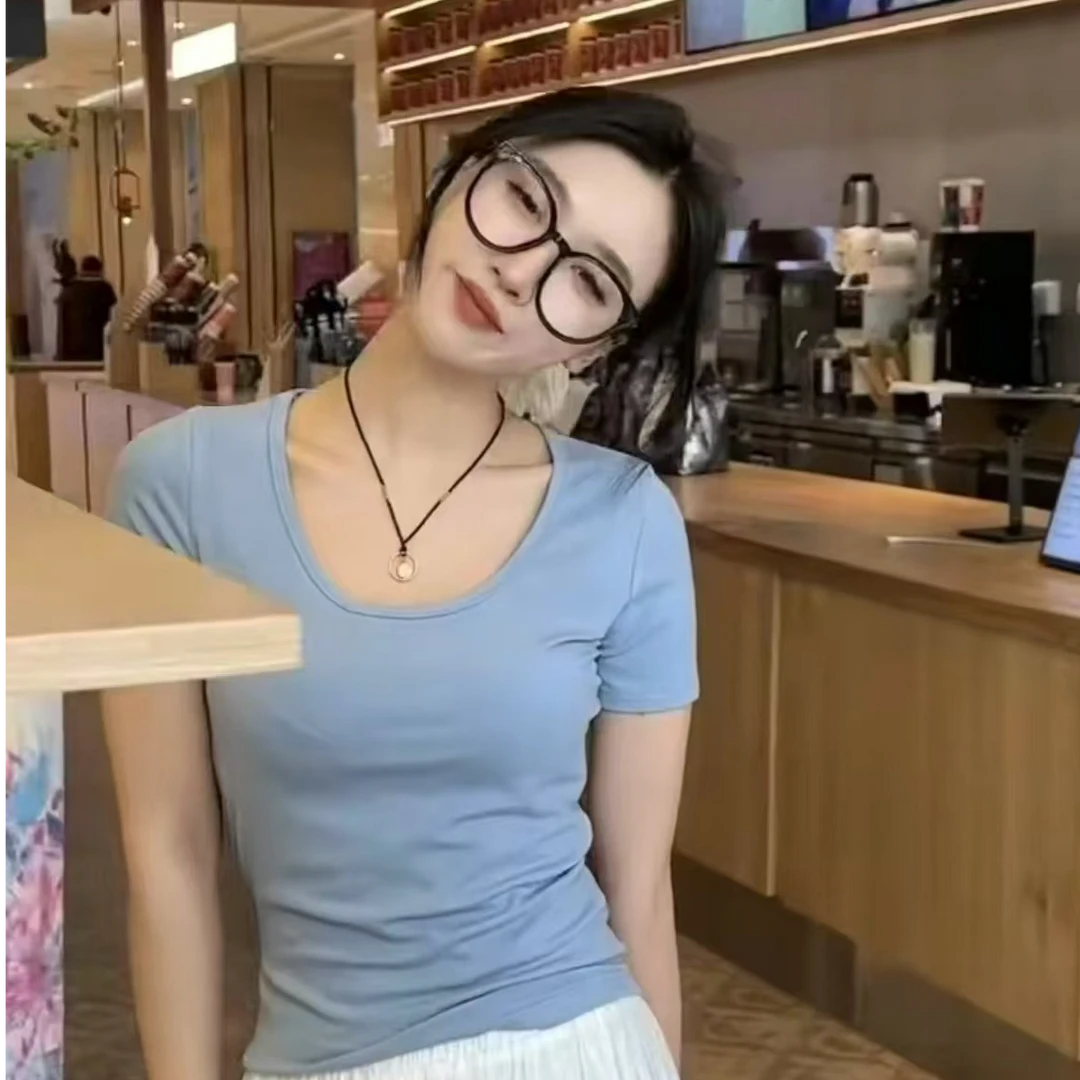 新款夏季螺纹棉女士T恤U领修身高弹时尚百搭潮流女士半袖