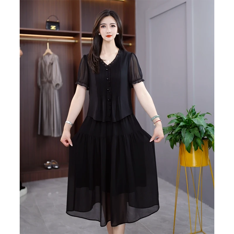 2475设计师款夏季气质大码洋气宽松黑色连衣裙假两件套