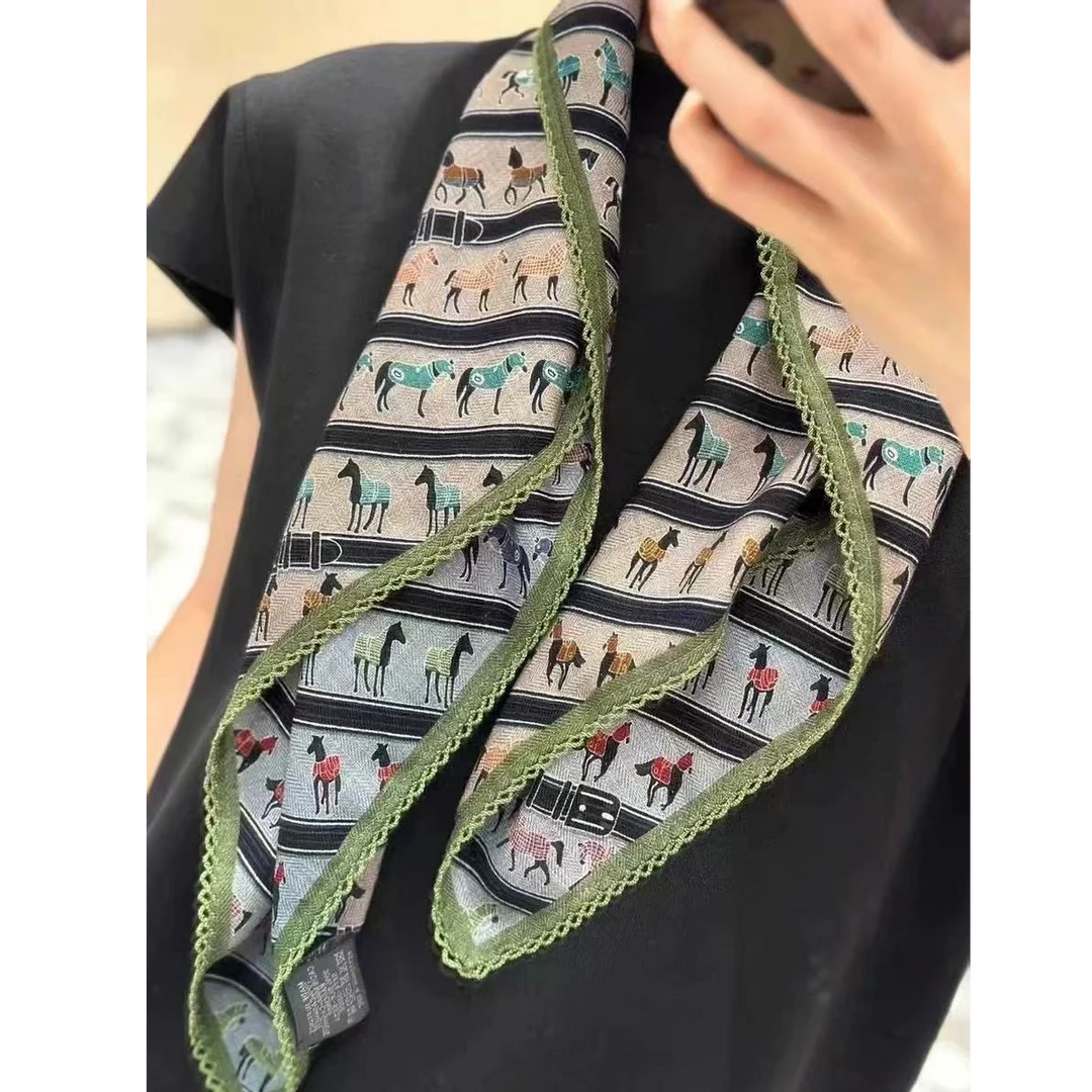 逐梦鸟桑蚕丝羊毛混纺轻奢时尚中方巾双面双色围巾骏马列队65cm