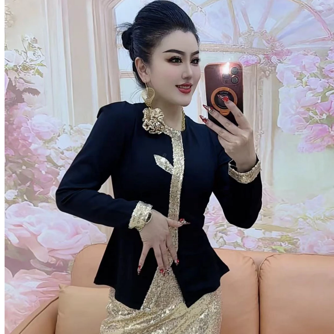 886 重工亮片时尚潮流显瘦法式衫+半身裙两件套