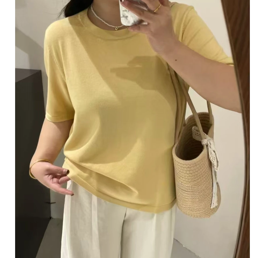 二姐家淼【乃】22883春季新款减龄舒适针织纯色短袖