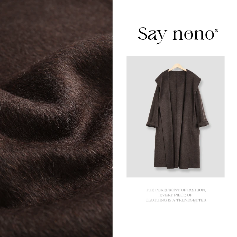 懒猫nono│Saynono 苏力羊驼长款连帽双面尼大衣/SYSS1199