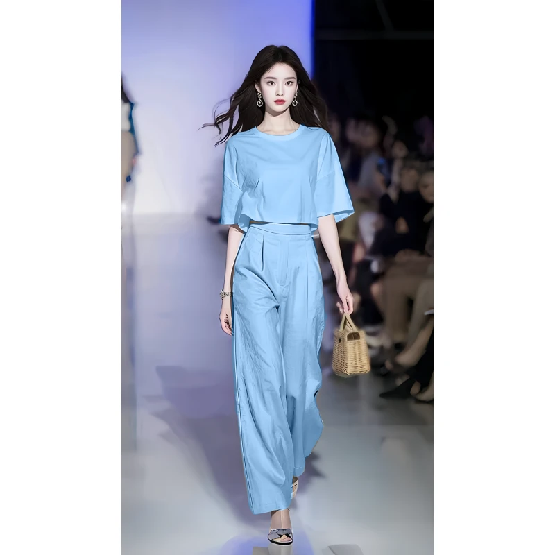 2086蓝色高级感超好看的炸街欧货漂亮时尚休闲松弛感两件套装裤女
