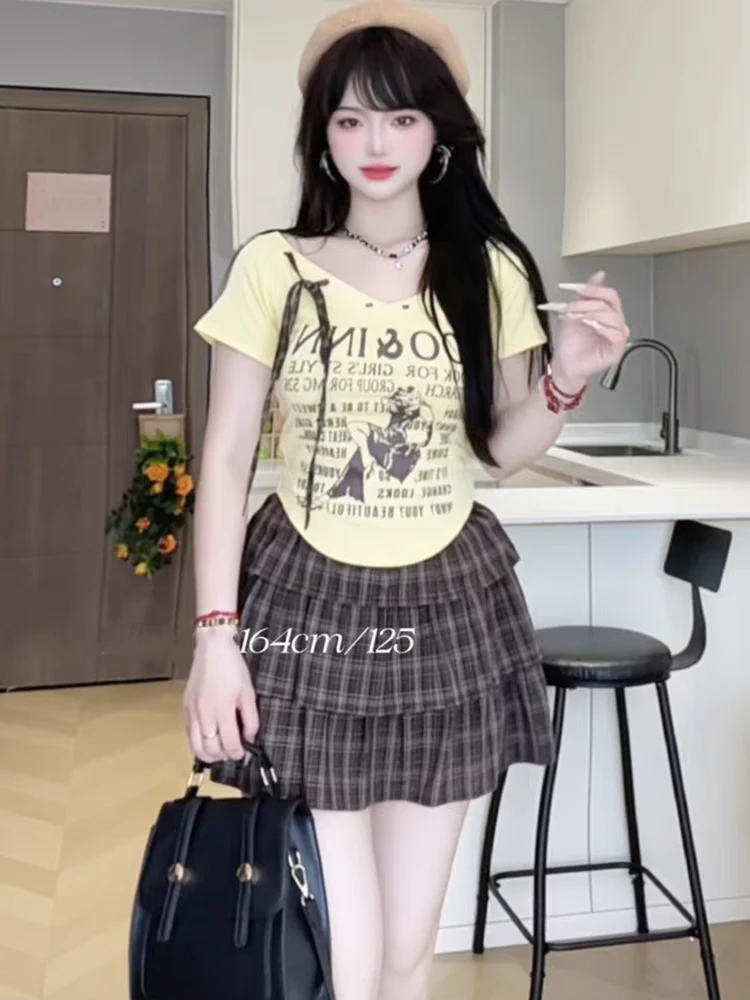 大码胖MM黑色一字肩字母印花短袖T恤女2025新款夏季收腰上衣3098