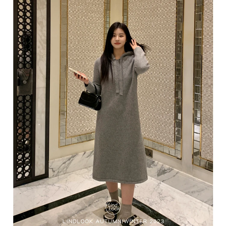 QC李潇洒微胖大码深灰色配大衣内搭毛织连衣裙冬慵懒收腰显瘦裙子