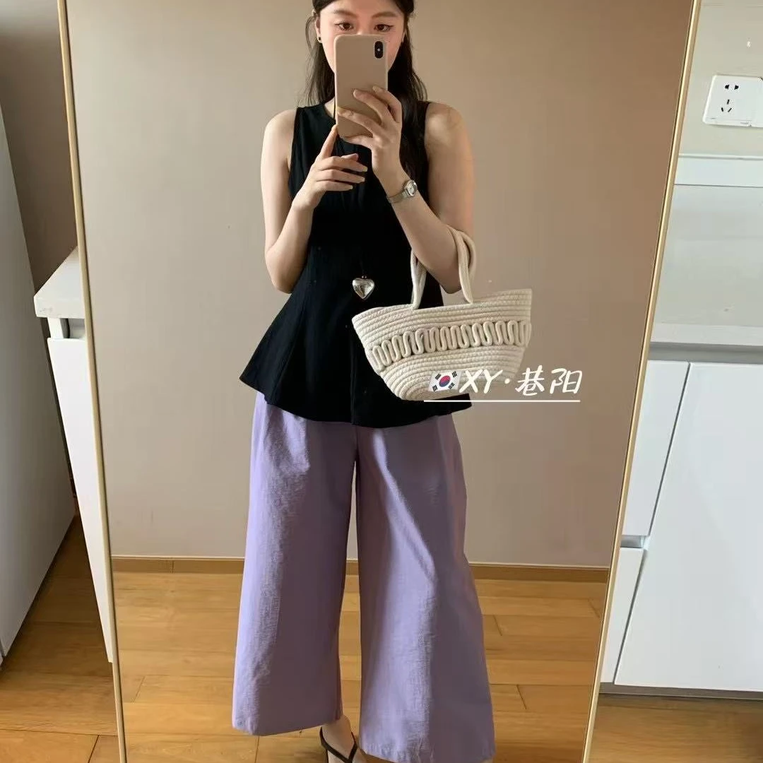 6315紫色很有韵味~收腰黑色上衣紫色阔腿裤套装