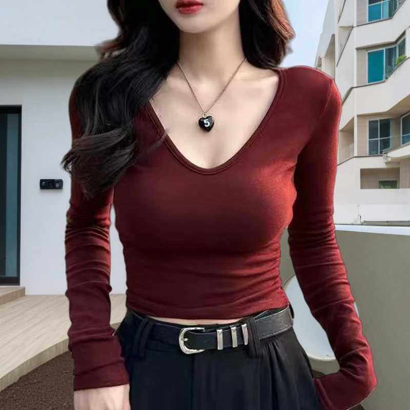 薄款T恤时尚短款长袖纯欲新款打底显瘦修身辣妹百搭秋季上衣设计