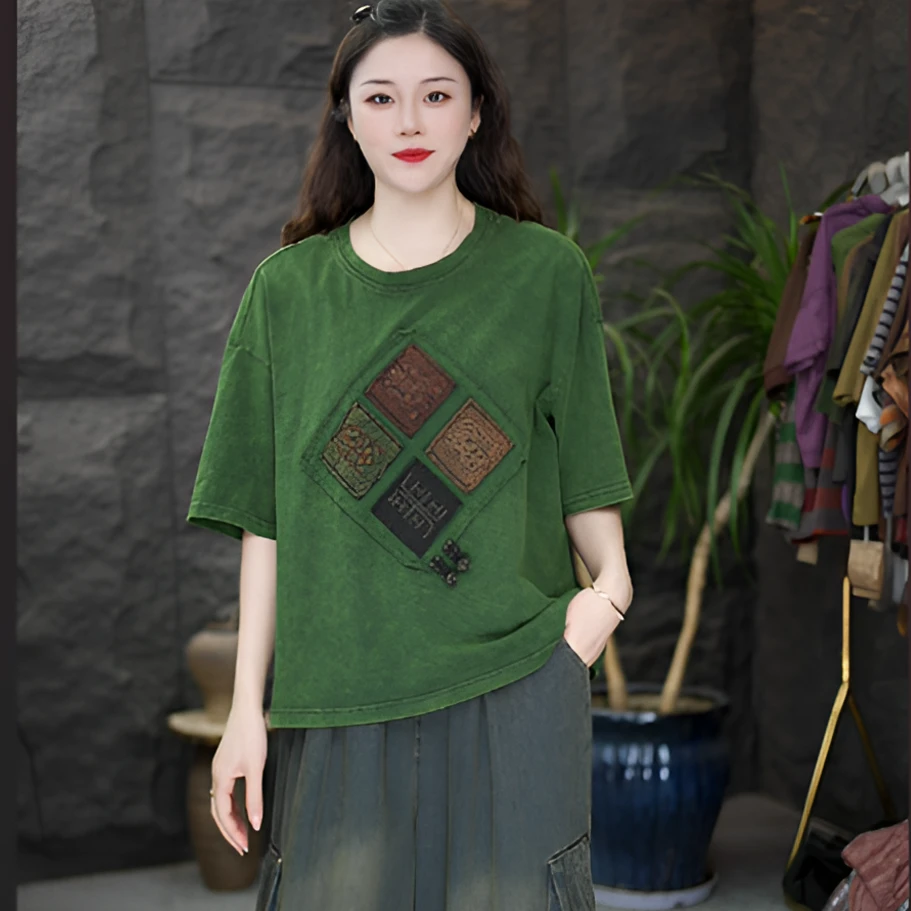 GG2025夏季新款文艺复古风做旧水洗圆领短袖棉T恤女宽松休闲上衣