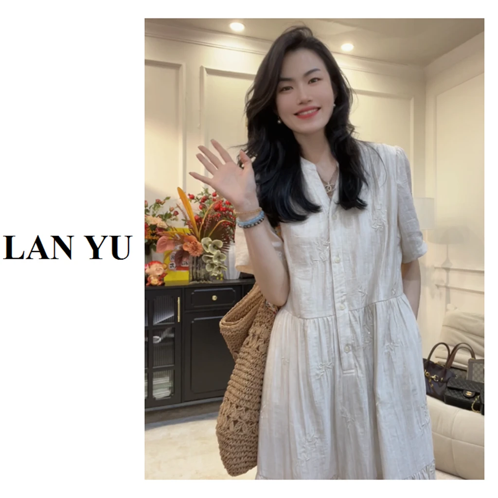 小个子/常规【青花叠浪】定制绣花纹理感连衣裙小众气质茶歇长裙LY