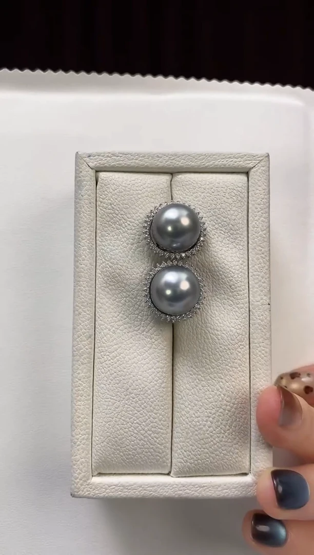 银S925镶嵌耳饰海水珍珠13-14大溪地黑珍珠耳饰