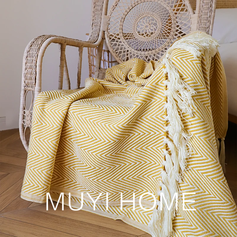 经典美式复古人字纹编织毯休闲流苏毯沙发毯子针织毯午睡盖毯搭毯