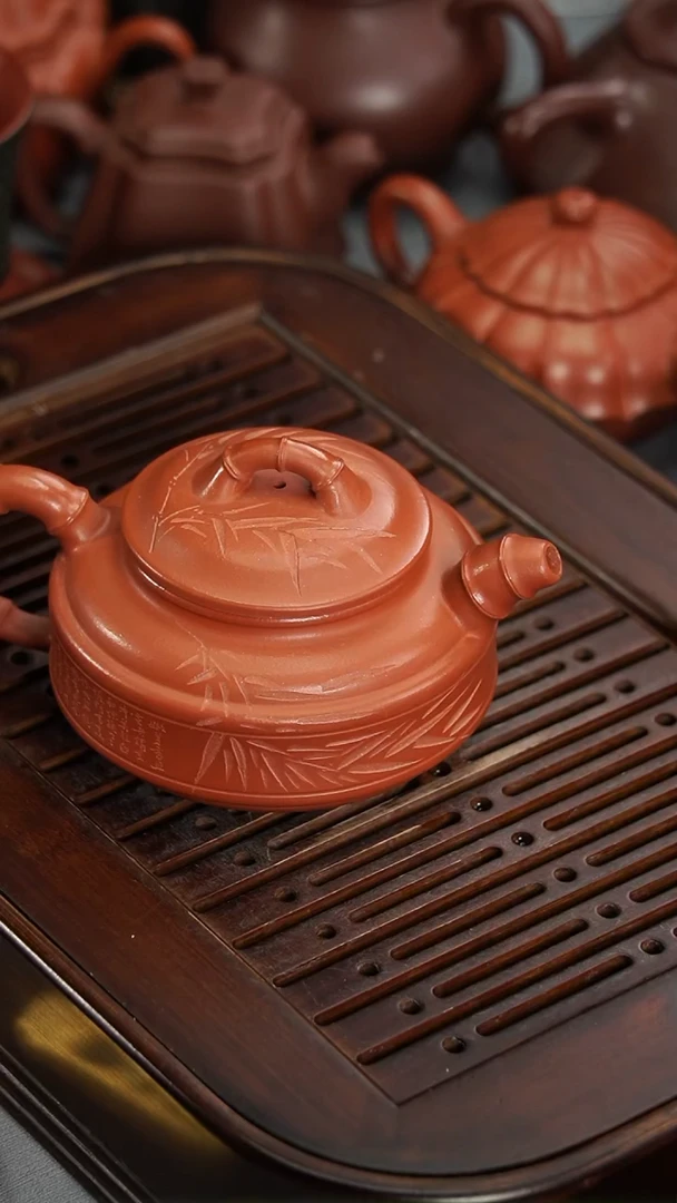 茶壶紫砂宜兴紫砂红泥双线矮竹鼓