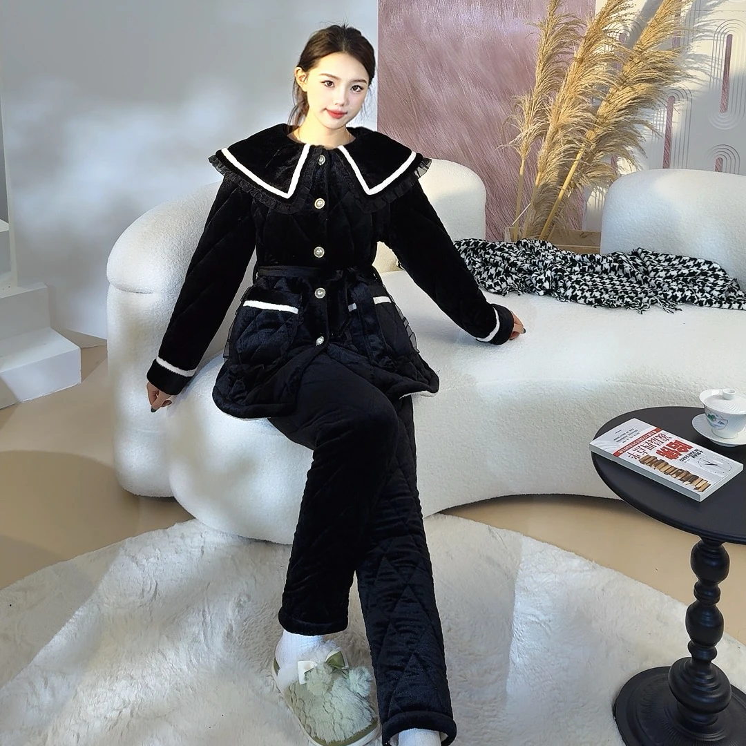 1072时尚保暖家居服套装可外穿女款睡衣休闲翻领