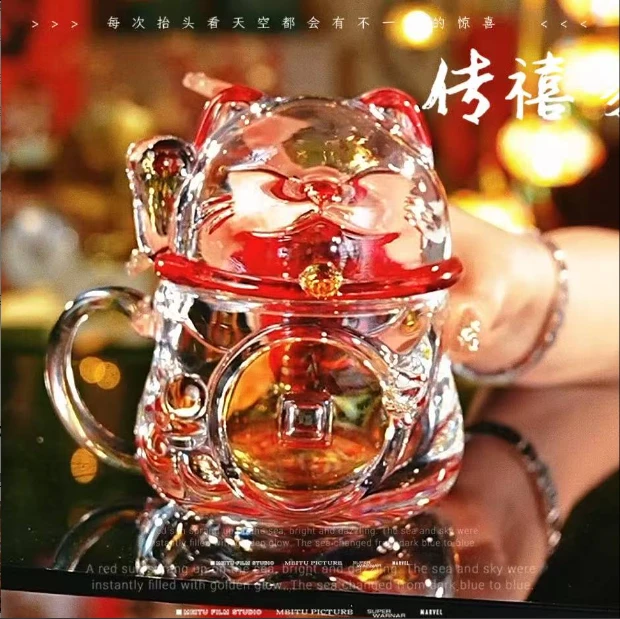 彩绘招财猫水杯装饰可爱猫咪创意牛奶杯耐热玻璃