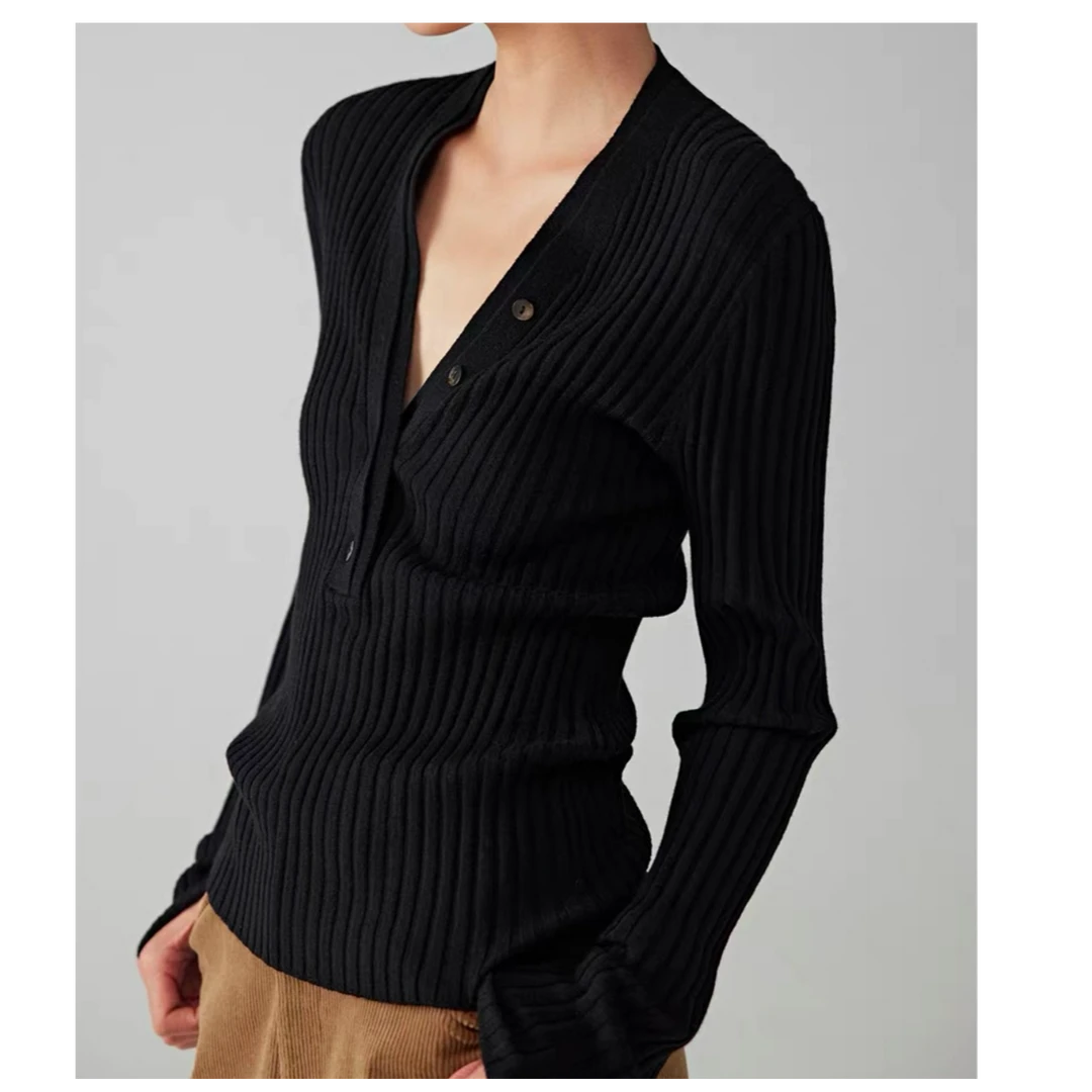 菲洛索菲四季可穿竖条V领修身打底衫时尚气质显瘦丝羊绒内搭上衣