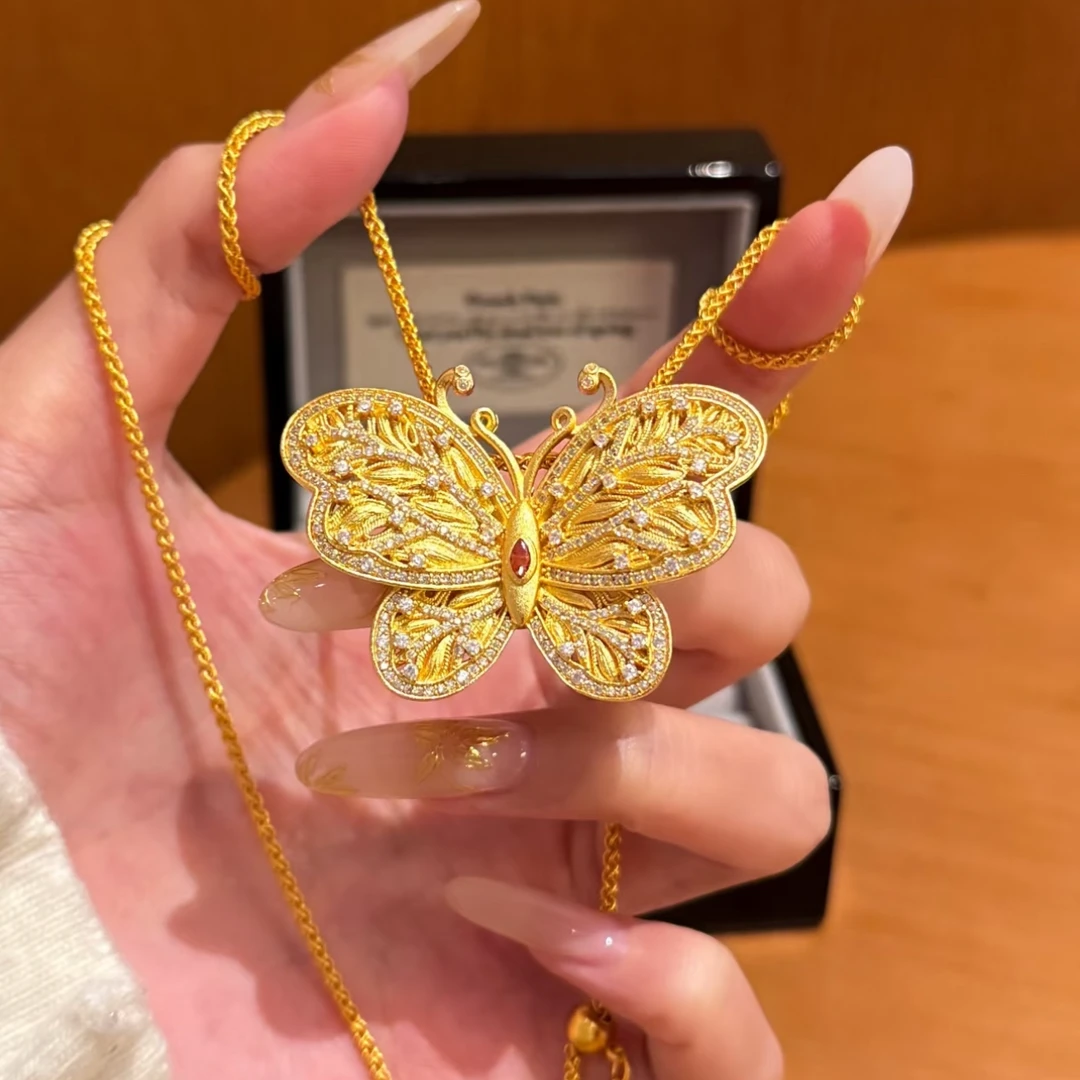 铜合金项链 韦雪同款花丝大蝴蝶吊坠项链女点钻镂空镀金锁轻奢