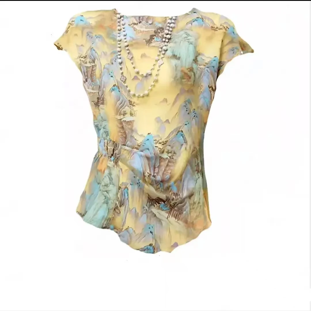 夏季新款气质碎花时尚百搭印花打揽收腰褶皱设计感女士显瘦上衣