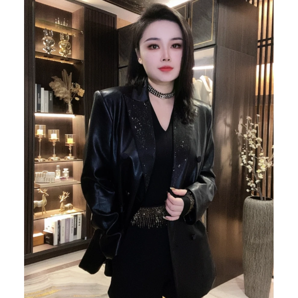 烫钻西装重工轻奢气质外套重工小众设计师显瘦时尚中长款外套皮衣
