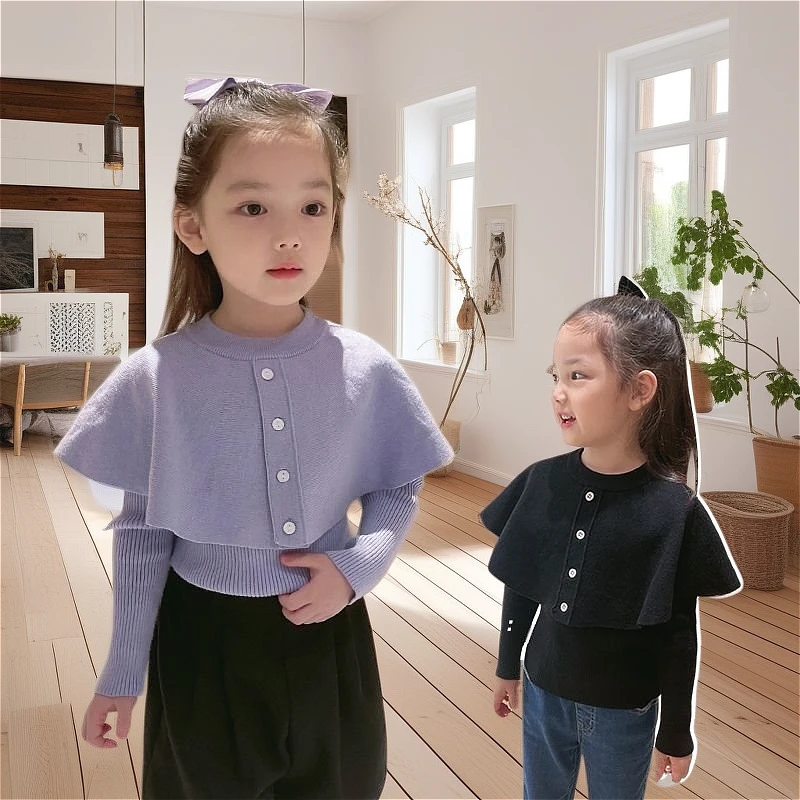 女童毛衣洋气春秋款儿童百搭加厚女宝宝斗篷小童时尚长袖针织衫