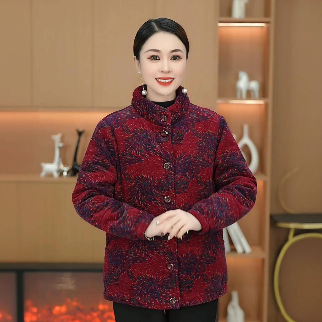 妈妈装冬款新款条绒纯棉保暖棉服60岁中老年棉衣女加厚加绒外套袄