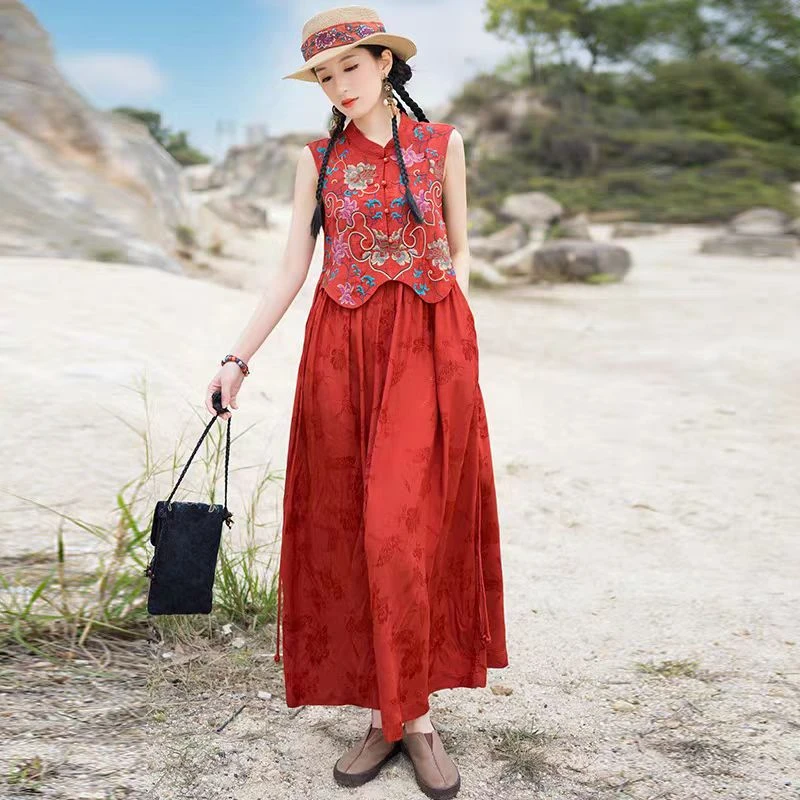 春游出行衣服夏季民族风女装刺绣提花中国风立领中长款背心连衣裙