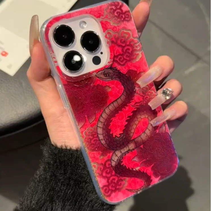 腾云小粉蛇适用16/15iphone/14promax手机壳12/11透白闪粉imd