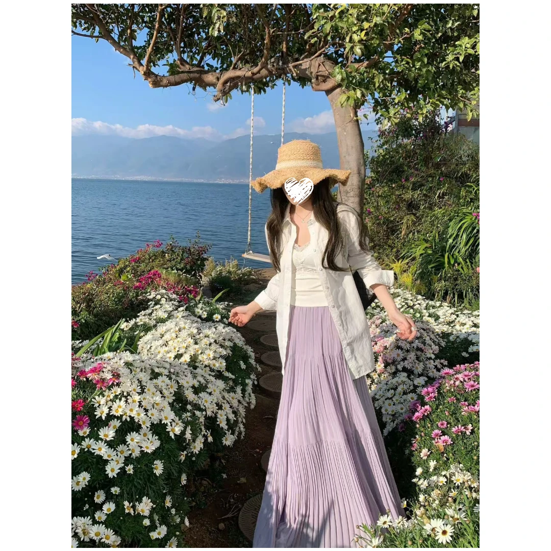 辛德瑞拉  紫色中长款半身裙+蕾丝吊带背心+防晒衬衫三件套 80060