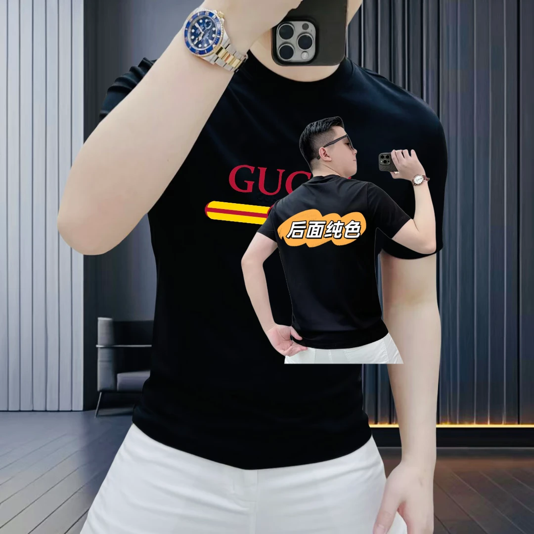 潮牌新款纯棉短袖T恤男士微修身休闲时尚半截袖圆领潮流印花上衣