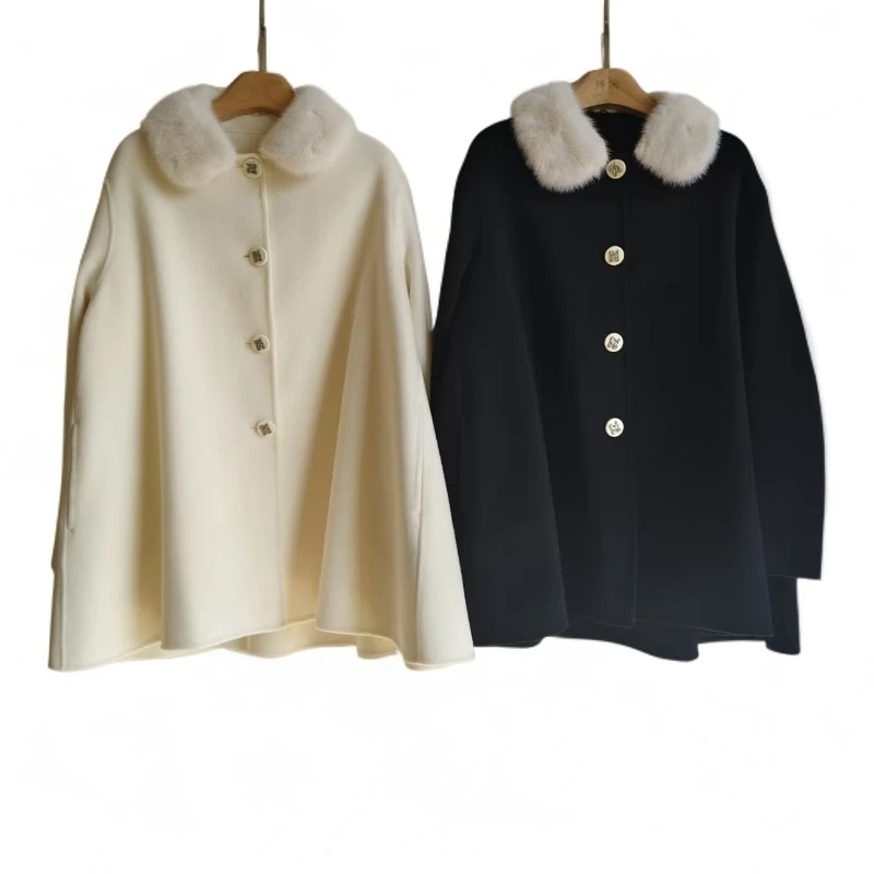 黑白绵羊毛水貂毛领中长款毛呢外套