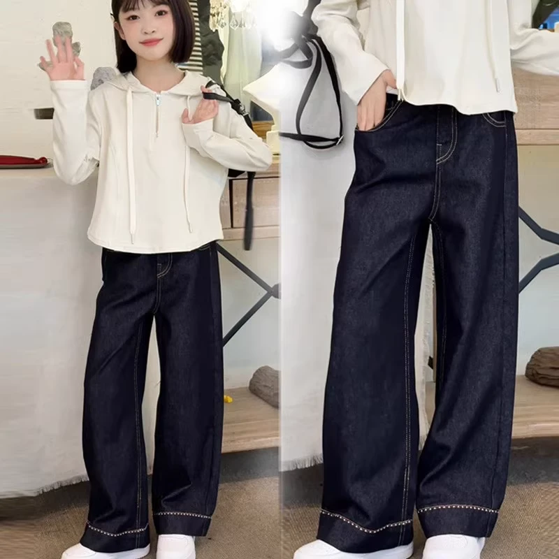 女童半拉链连帽卫衣套装春秋季新款儿童洋气休闲牛仔裤两件套童装