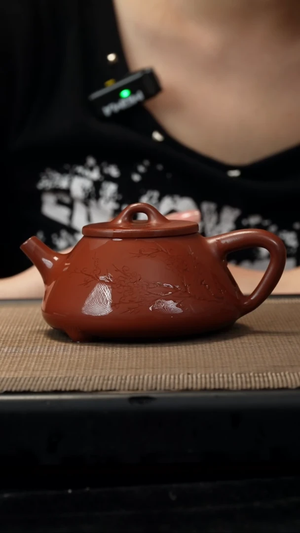 紫砂茶盏红皮龙刻绘平盖260CC