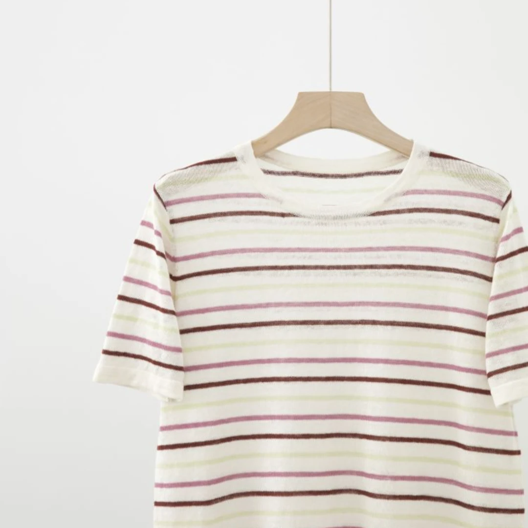 条纹撞色亚麻圆领短袖夏针织衫NT4C2702