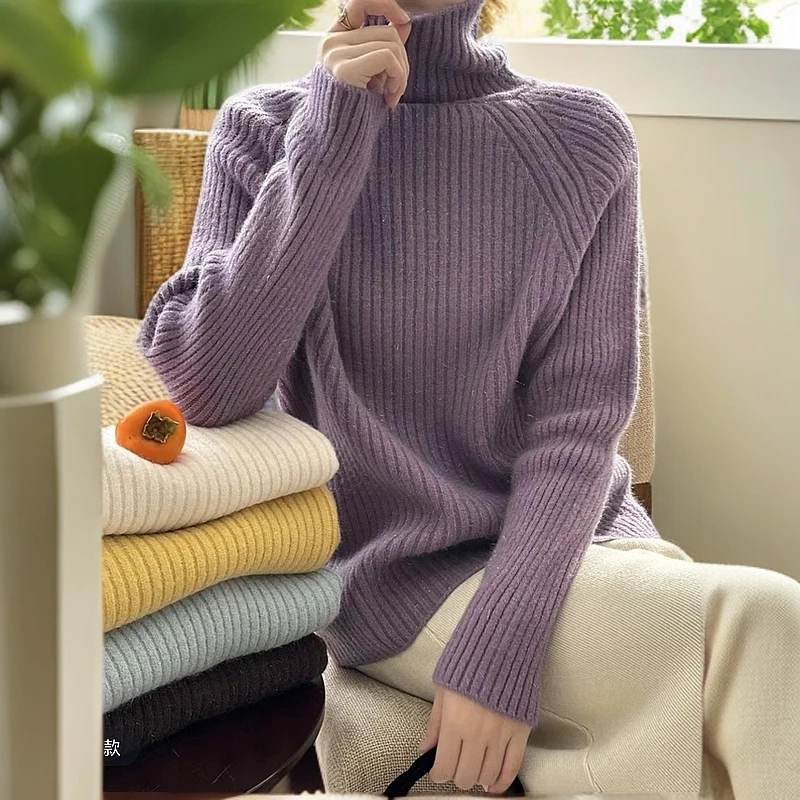 纯色细闪亮丝加厚保暖女毛衣高领针织衫百搭套头宽松时尚显瘦秋冬