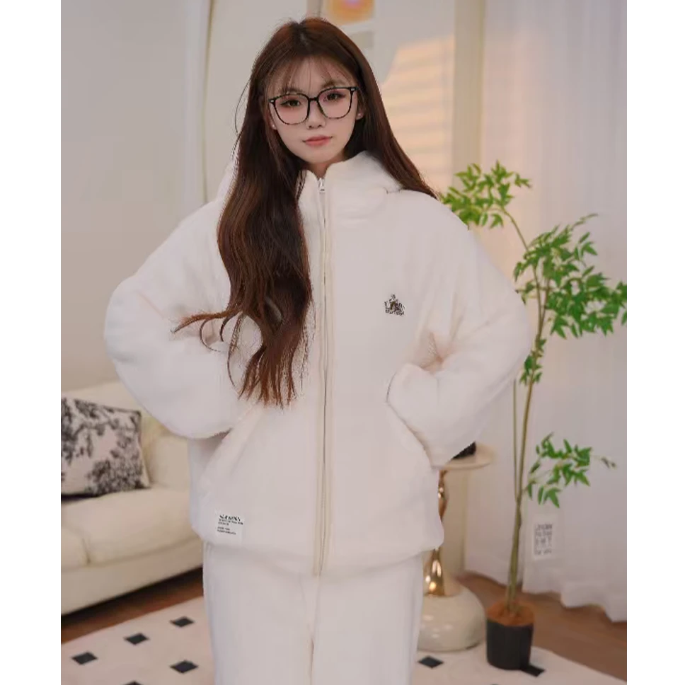冬季新品情侣款小熊连帽时尚宽松睡衣套装女生可外穿式家居服套装