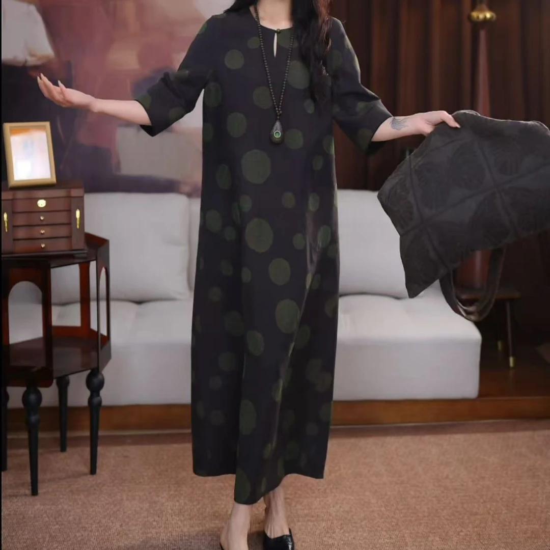 【清婉】香云纱新中式时尚国风提花遮肉印花复古长裙宽松连衣裙