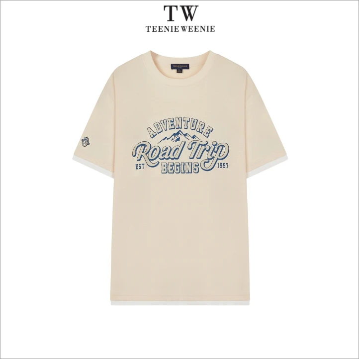 小熊新潮男装假两件百搭复古美式潮流休闲宽松圆领T恤TNRA246407I