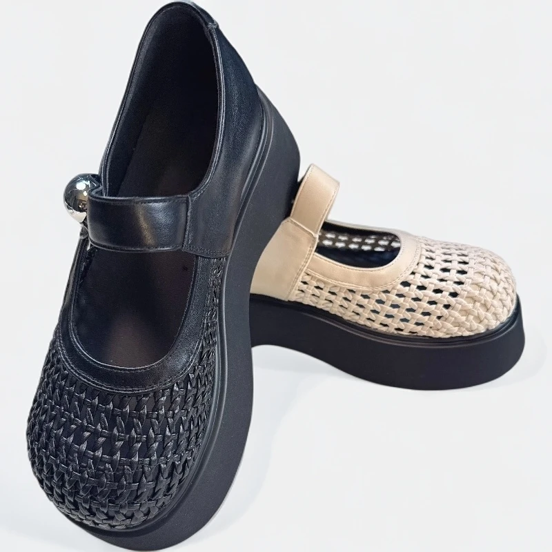 圆头春夏休闲鞋百搭复古港风夏季镂空乐福鞋透气厚底舒适软底时尚