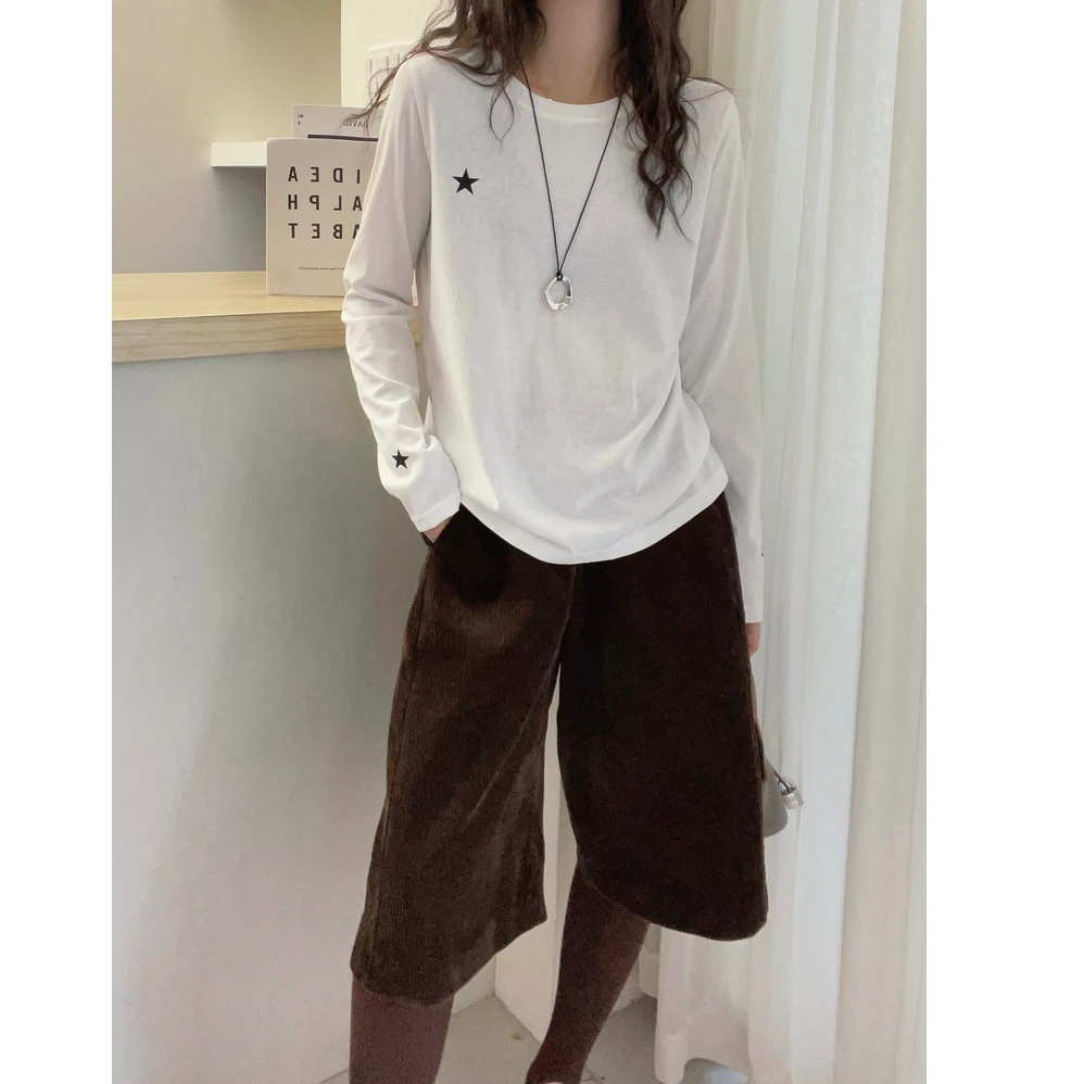 优质棉春秋冬新款圆领长袖百搭极简风胸前五角星印花打底T恤女装