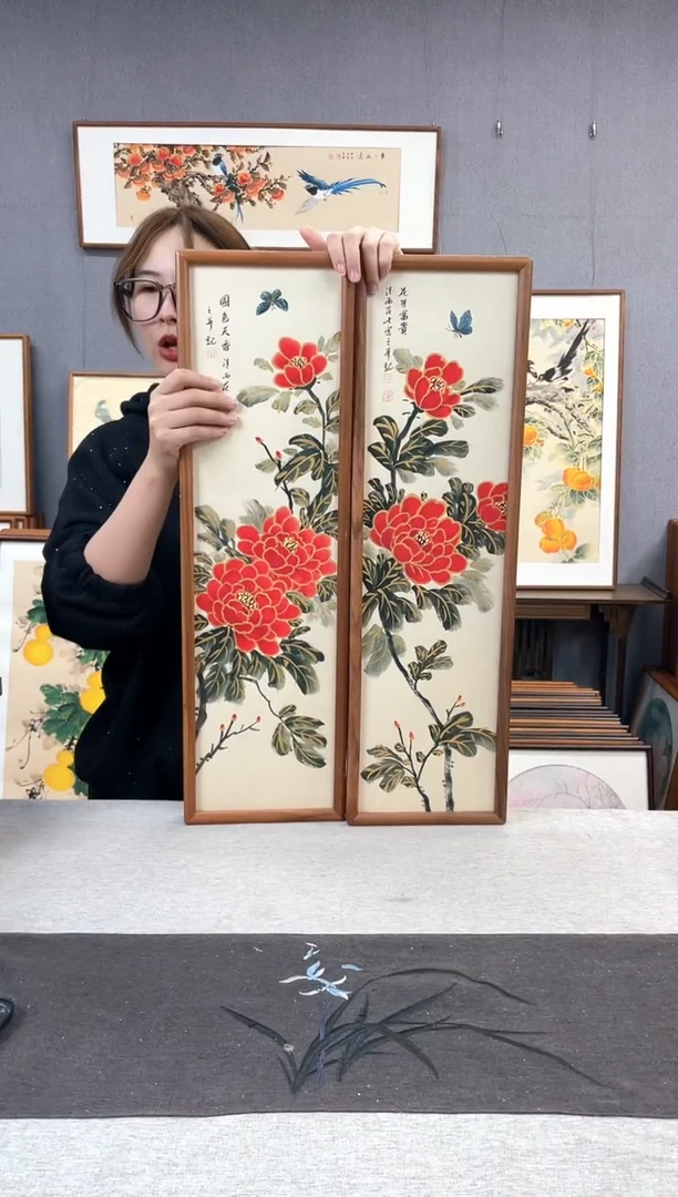 【闪购商品】国画孔德尚-手绘带框作品-20*70-两个