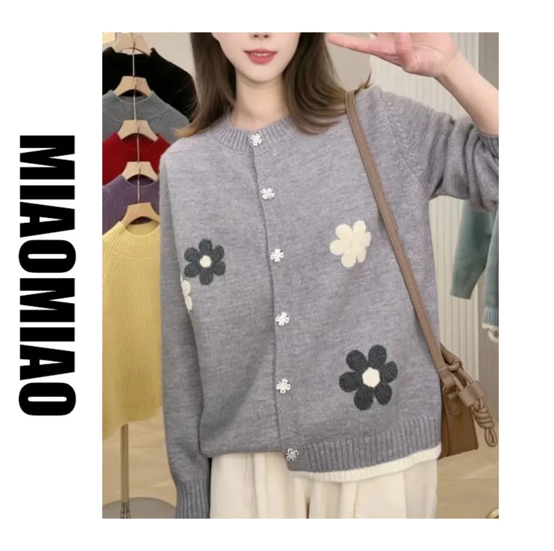 【大码】 1413小花刺绣毛衣开衫宽松长袖针织衫显瘦上衣新款女装