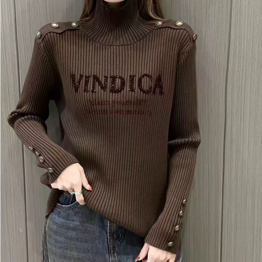 高级感高领字母秋冬冬季毛衣金属扣装饰慵懒风针织衫YY419打底衫