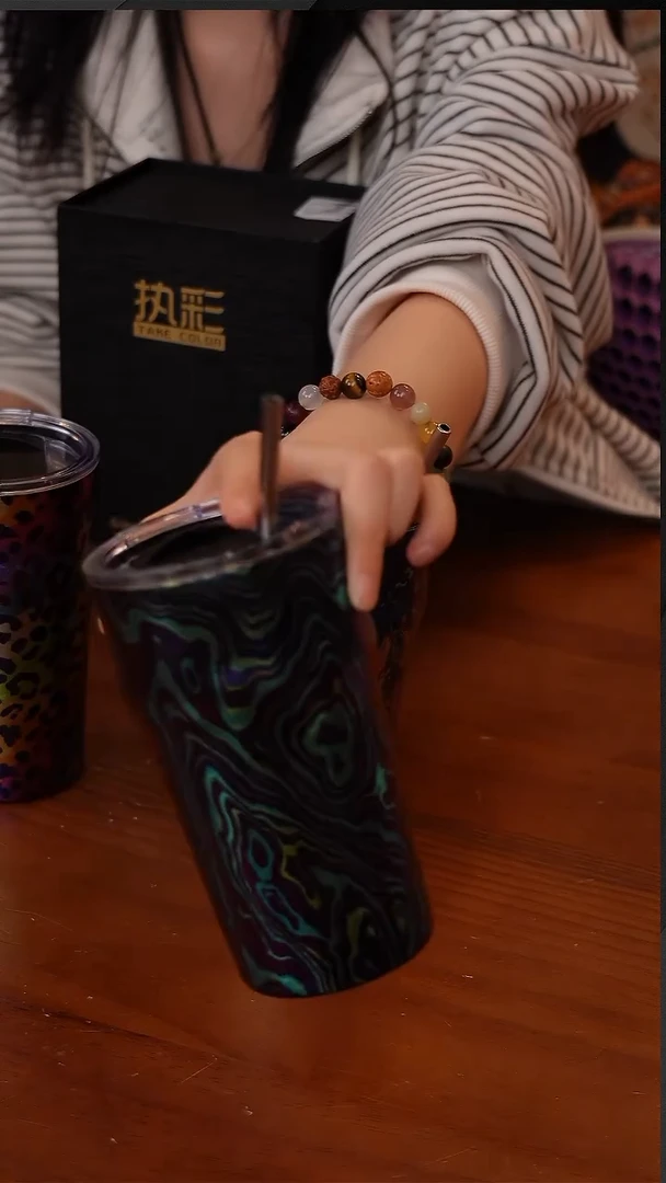 陶69-执彩纯钛广口杯彩钛啤酒杯双层饮料杯办公杯500ml-流体蓝