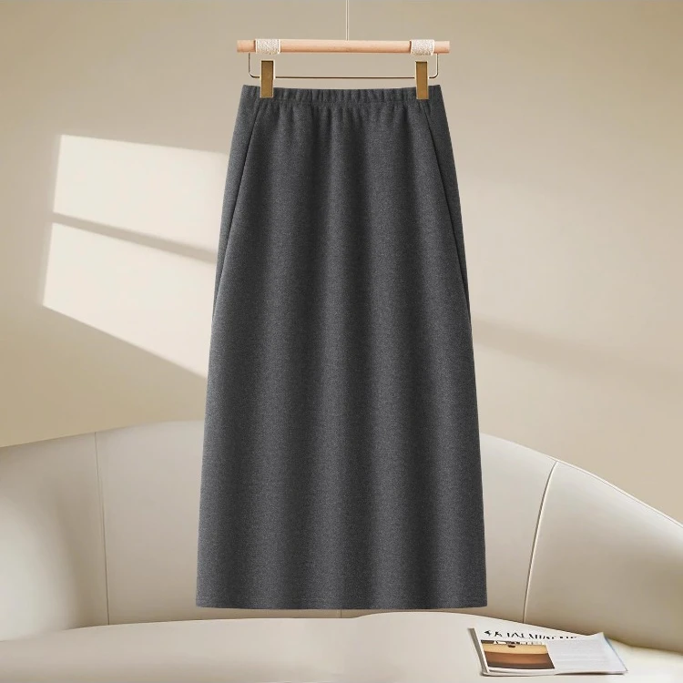 羊毛半身裙女秋冬季2025新款极简风深灰色中长款a字松紧直筒裙子