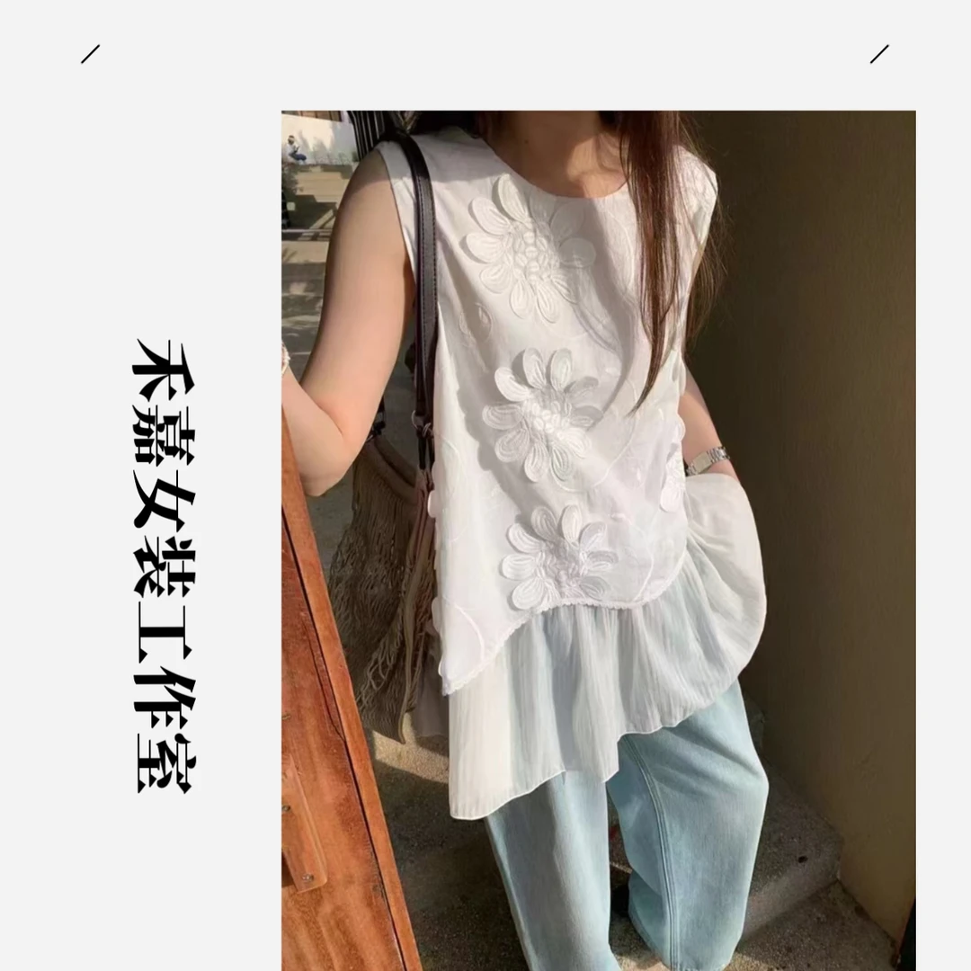 【禾嘉】韩系立体花朵拼接设计上衣