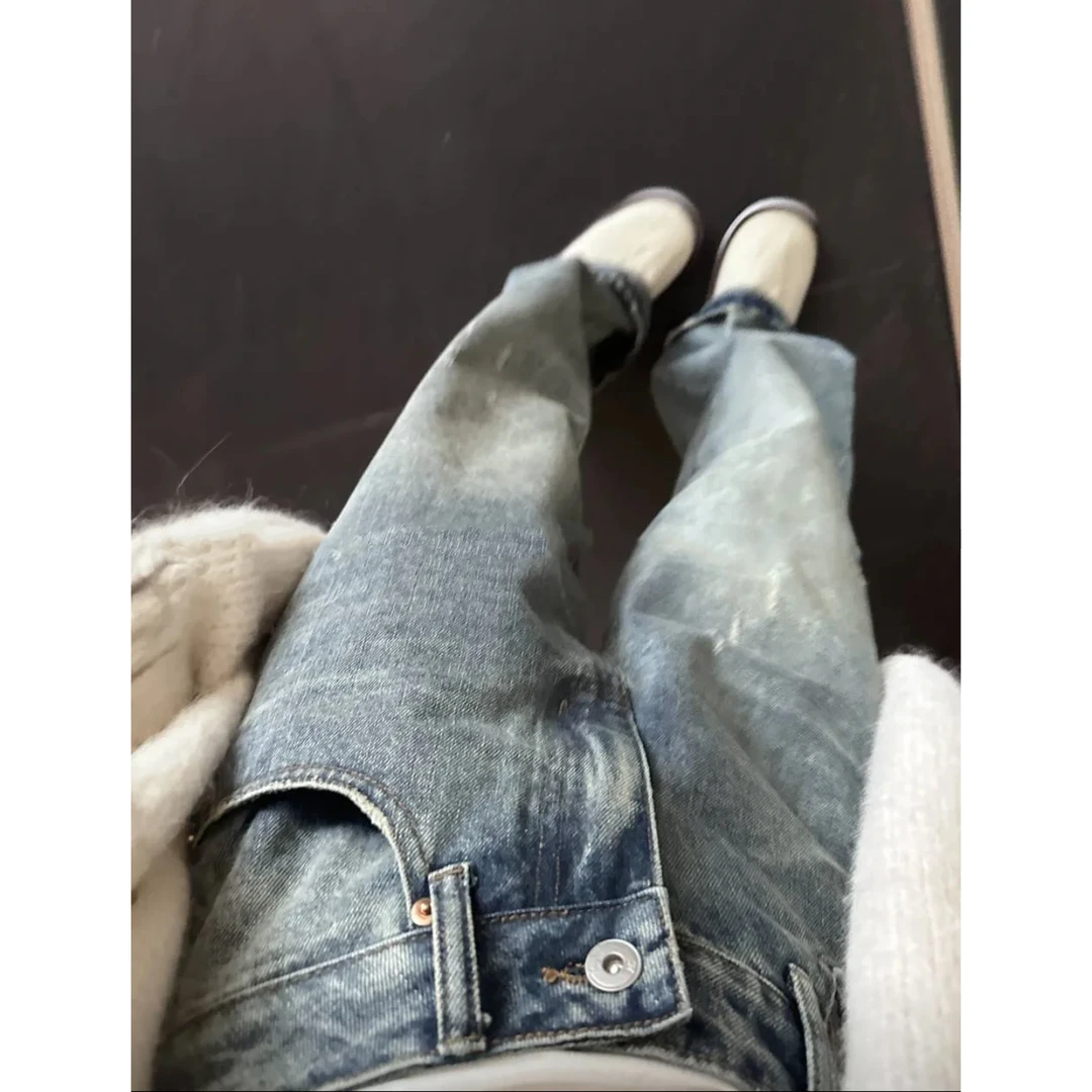 水洗蓝直筒牛仔裤中高腰 梨形贼适合 9410#