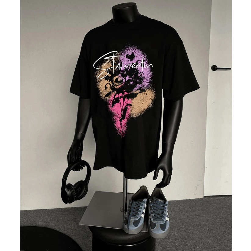 STA.MEDM联名美式夏季重磅纯棉2025新款玫瑰花短袖t恤男女情侣装