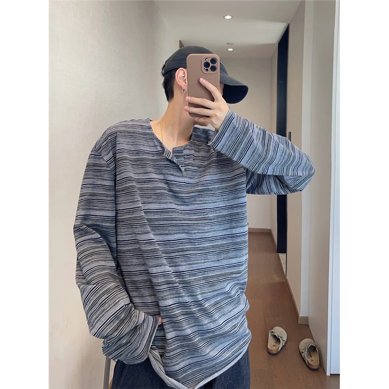 特大码300斤秋季复古百搭混色蓝条纹V领毛边长袖T恤男打底衫薄款