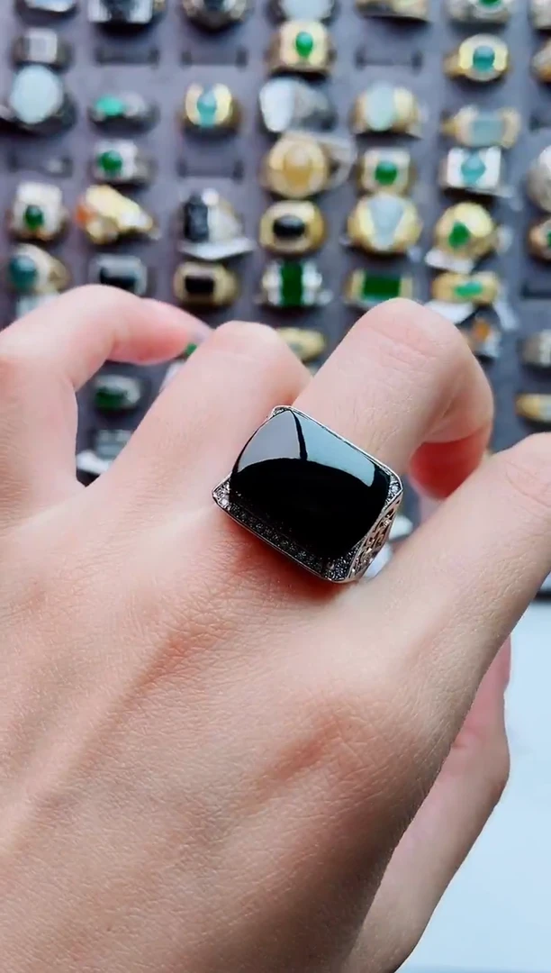 银S925镶嵌戒指翡翠天然翡翠男戒