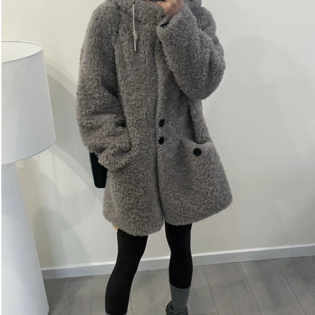 厚款上衣连帽保暖冬季中长款秋冬女短外套灰色女装